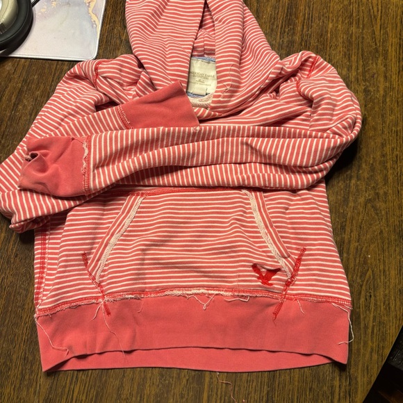 American Eagle Small Hoodie Sweatshirt Pink White Stripe Distressed 100% Cotton - Picture 5 of 6